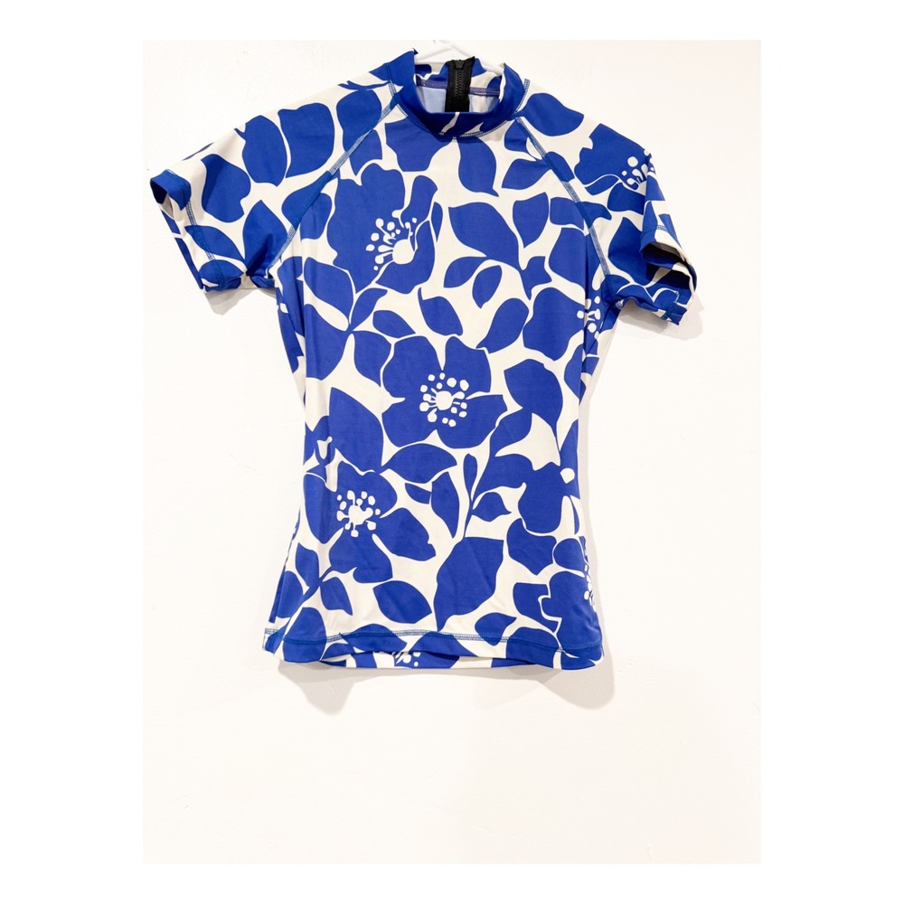 J.Crew Womens Floral Rash Guard Blue White Short Sleeve Swim Top Size 6